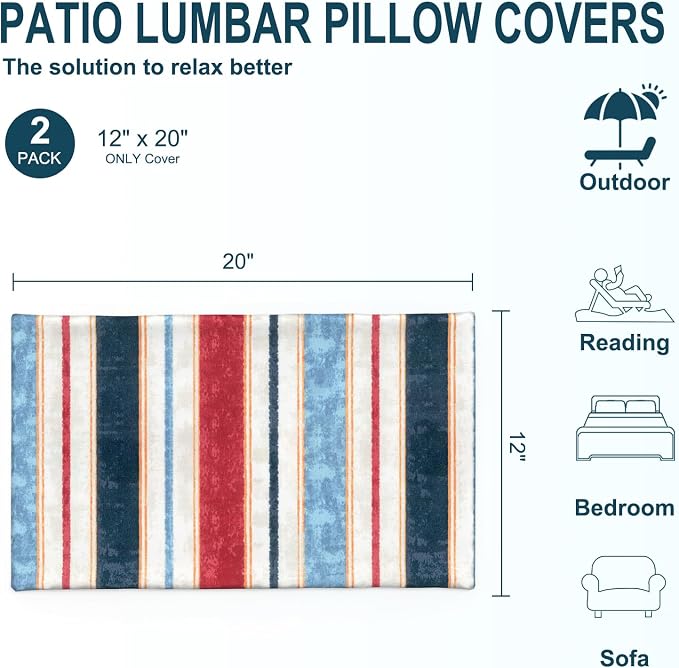 DYTXIII Pack of 2 Outdoor Waterproof Lumbar Pillow Covers ONLY, 12x20 Rectangle Decorative Double Printed Pillow Cases for Patio Couch Porch Furniture - Stripe Red Blue