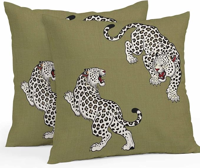 Yukro Green Leopard Outdoor Waterproof Pillow Covers Pack of 2, Modern Style Wild Animal Rustic Linen Texture Throw Pillowcases Decorative Cushion Covers for Garden Patio Tent Sofa Couch, 20x20 inch