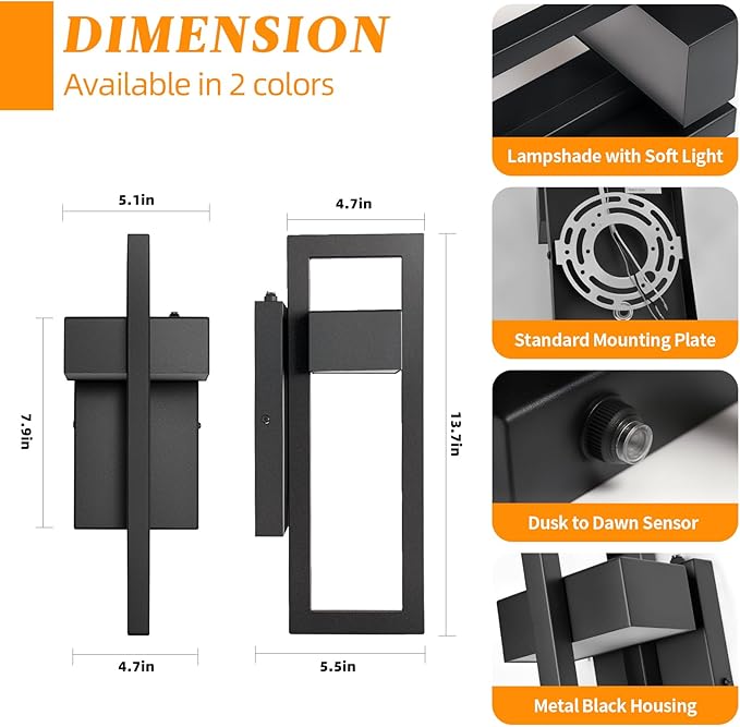 LED Outdoor Wall Sconce Dusk to Dawn Outdoor Lighting, Modern Exterior Lighting Fixtures, Black LED Front Porch Lights Outside Wall Mount Lights for House, Hallway, Warm White 3000K, 1 Pack