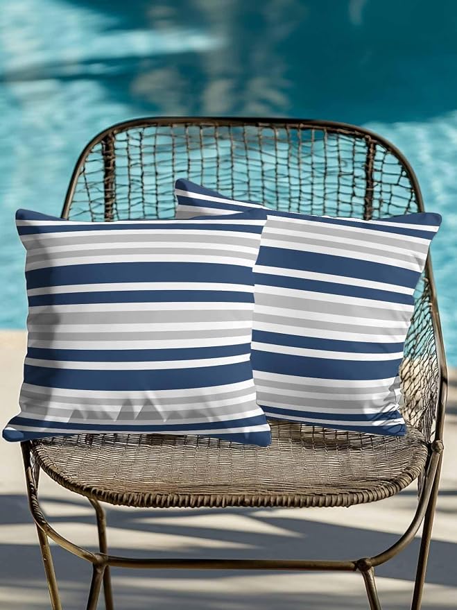 Outdoor Waterproof Throw Pillows Classic Modern Striped Patio Pillows Pack of 2,Decorative Pillow Covers with Insert,Pillow Cushion Case for Garden Couch Sofa Grey White Navy Blue