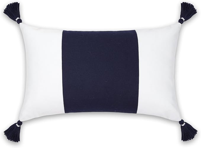Hofdeco Premium Coastal Patio Outdoor Performance Lumbar Pillow Cover Only, 12"x20" Water Repellent, UV and Fade Resistant for Backyard, Couch, Dark Navy Blue Color Block with Tassels