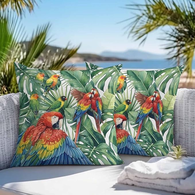 Pack of 2 Waterproof Outdoor Pillow Covers 26x26 Inch Decorative Pillow Covers Tropical Plants Throw Pillowcases Summer Rustic Monstera Palm Leaves Birds Green Outdoor Cushion Cover for Couch, Patio