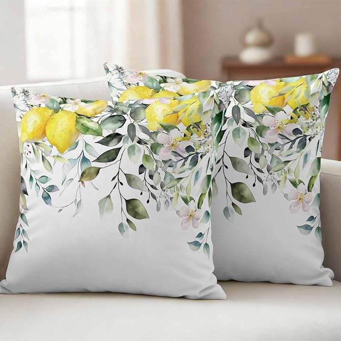 Rustic Floral Plant Outdoor Waterproof Throw Pillow Covers Set of 2, 18"x18", Green Eucalyptus Leaves Sage Lemon White Decorative Pillow Covers Outside Cushion Case for Patio Porch Garden