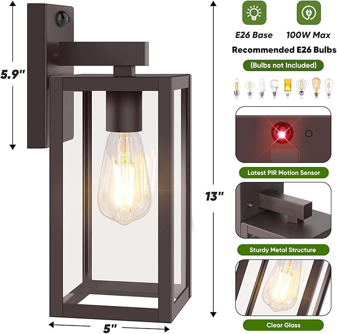 13" Upgraded Motion Sensor Outdoor Wall Light Fixture, Brown | Auto ON/OFF, 3 Lighting Modes, Waterproof, Rust-Resistant, Durable Metal & Clear Glass, Standard E26 Sockets, Easy to Install