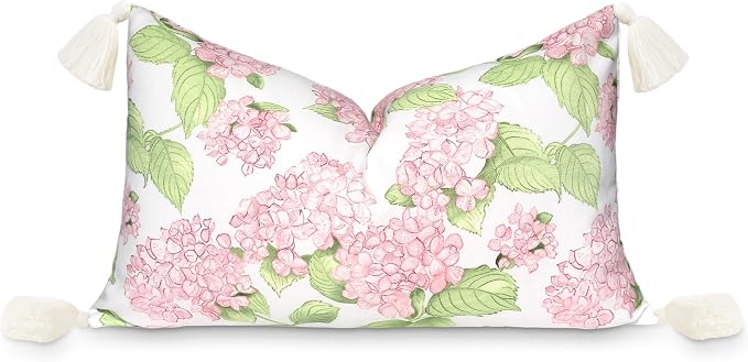 Hofdeco Premium Coastal Patio Indoor Outdoor Lumbar Pillow Cover Only, 12"x20" Water Repellent for Backyard, Couch, Blush Pink Green Print Sketch Hydrangea Flower