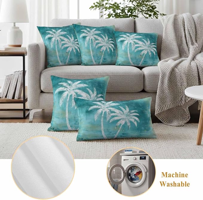 Coastal Beach Tree Teal Outdoor Waterproof Pillow Covers, Tropical Botanical Decorative Square Throw Pillowcase, Palm Tree Vintage Sofa Cushion Sham for Patio/Couch/Chair, 16"x16" 2 Pack