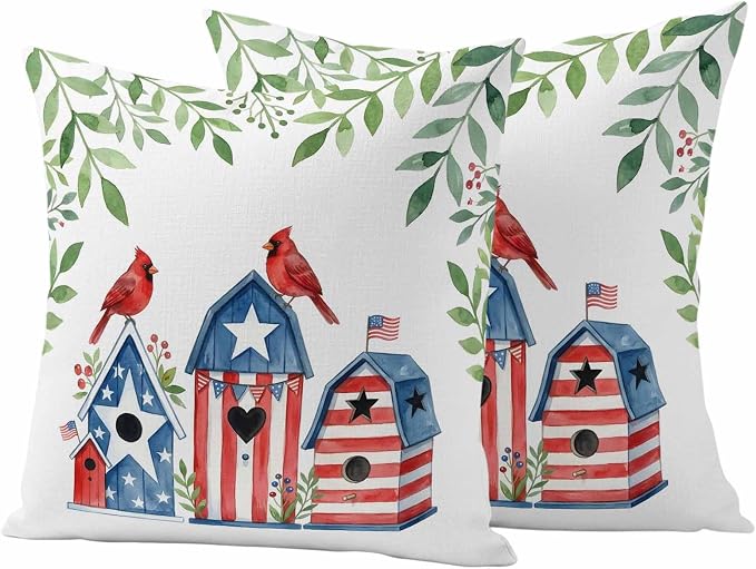 American Flag Bird House Outdoor Pillow Covers Waterproof, All Weather Cushion Case Set of 2, Green Eucalyptus Leaves 250th Decorative Pillowcases for Sofa Couch Bed Decor Patio Furniture 20"x20"