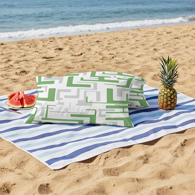 Vandarllin Outdoor Throw Pillows Covers 20x12 inch Set of 2 Waterproof Green Geometric Stripes Decorative Zippered Cushion Covers for Patio Furniture, Modern Abstract Lines Lumbar Pillowcases