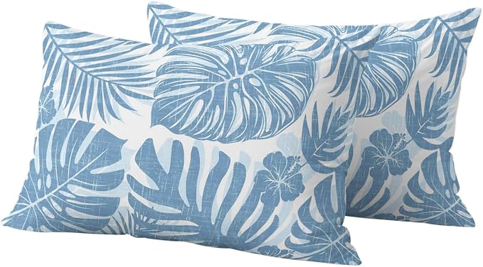 Coastal Blue Palm Leaves Outdoor Pillow Covers 20"x12" Set of 2, Tropical Botanical Minimalist Modern Waterproof Throw Pillow Covers for Patio Furniture, Decorative Cushion Covers for Porch