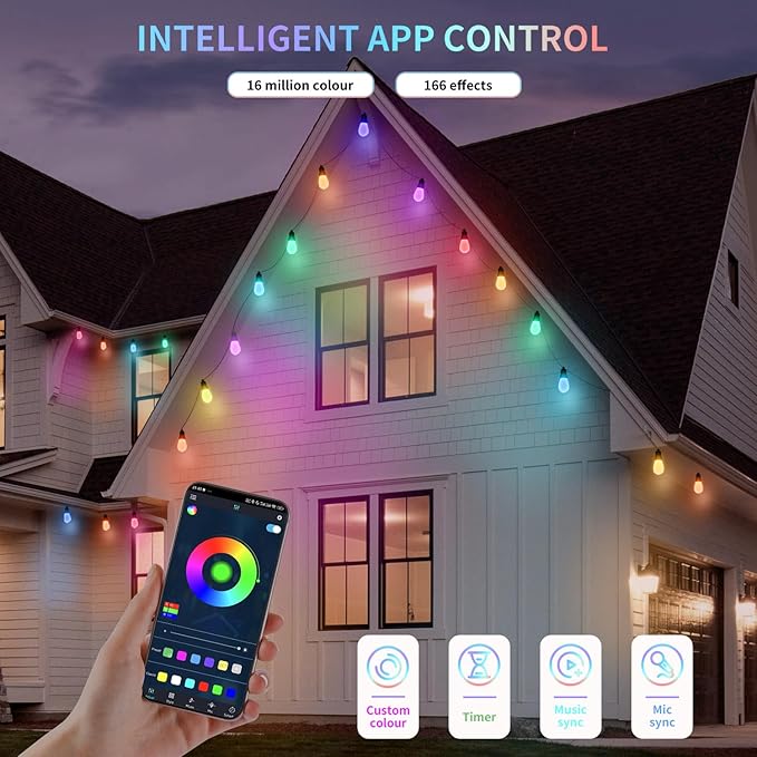 CAWWS Outdoor String Lights 75FT, Color Changing Patio Lights, Waterproof | 30 Shatterproof LED Bulbs, Multicolor & Warm White, Dimmable, IP67 Waterproof, APP & Remote, Custom Colors, 24V Low Voltage