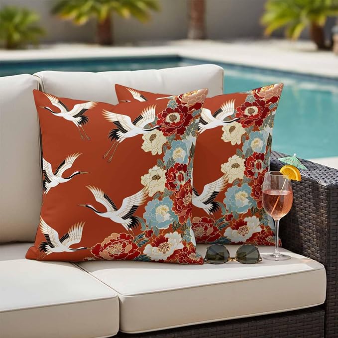 Japanese Style Outdoor Pillow Covers 26x26 Inch Throw Pillow Covers Set of 2 Waterproof Decorative Pillow Cases Red Farmhouse Botanical Peony Birds Cushion Covers for Patio Furniture Garden Couch Sofa