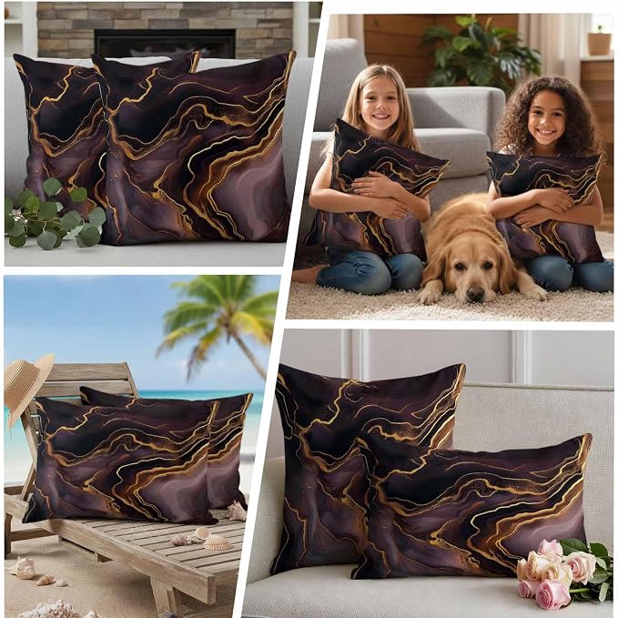 Abstract Marble Texture Outdoor Waterproof Throw Pillow Covers Set of 2, 18"x18", Purple Gold Waves Art Decorative Pillow Covers Outside Cushion Case for Patio Porch Garden