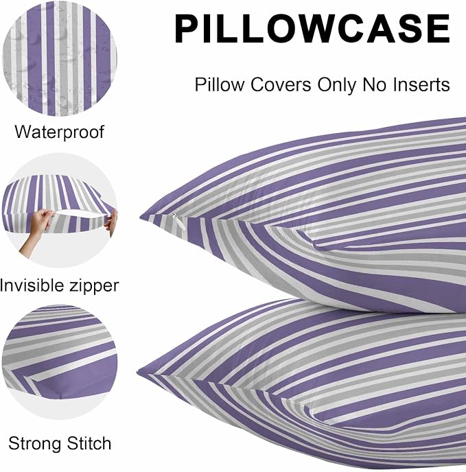Purple Grey Stripe Outdoor Pillow Covers 20x20 Inch Throw Pillow Covers Set of 2 Waterproof Decorative Pillow Cases Farmhouse Minimalist Striped Cushion Covers for Patio Furniture Garden Couch Sofa