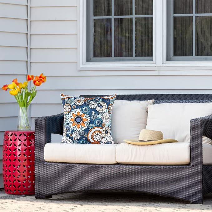 JMGBird Outdoor Throw Pillows Waterproof Outdoor Pillow Covers with Inserts | Outdoor Pillows with Inserts - 18x18 Waterproof Throw Pillows for Patio Furniture, Navy Blue Sunflower Decorative Cushions