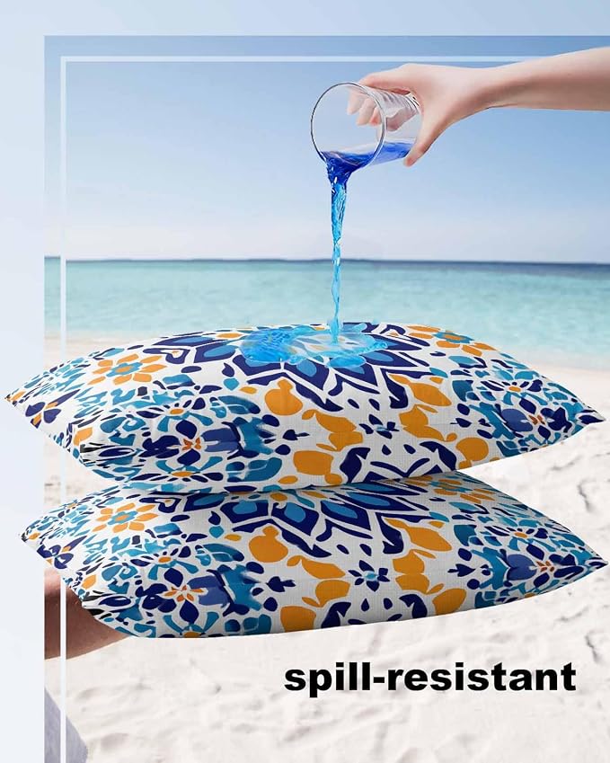 Outdoor Waterproof Pillow Covers Abstract Blue Yellow Flowers Set of 2 Decorative Outdoor Pillowcases Vintage Art Cushion Cases for Patio Funiture Garden Couch Bench 12 x 20 Inches