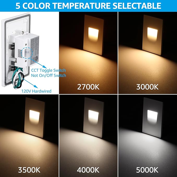 LEONLITE 6-Pack 5CCT 120V LED Step Lights, Vertical, White | 150LM, 5%-100% Dimmable, CRI90, ETL, Indoor Outdoor Stair Lights, Wet Location, 2700K/3000K/3500K/4000K/5000K, Aluminum