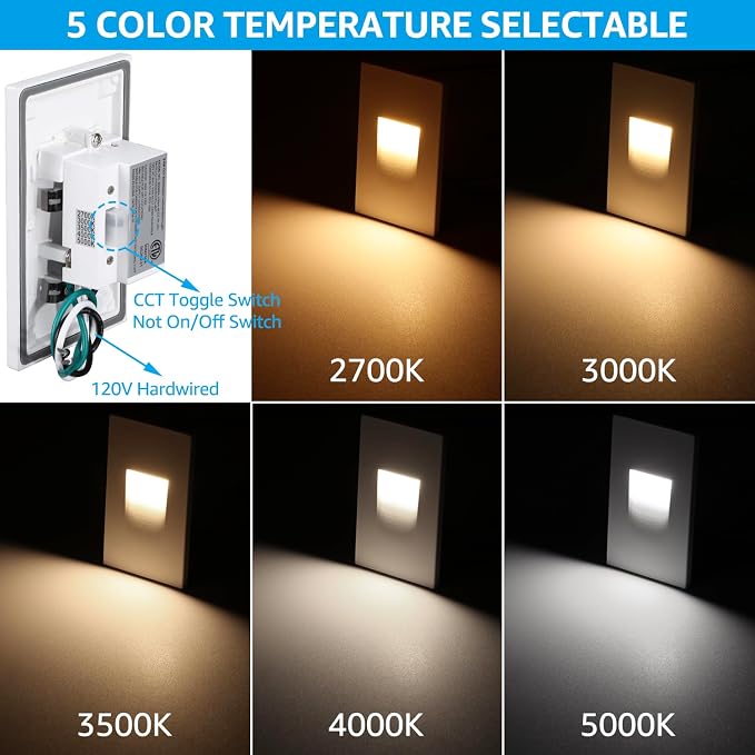 LEONLITE 3-Pack 5CCT 120V LED Step Lights, Vertical, White | 150LM, 5%-100% Dimmable, CRI90, ETL, Indoor Outdoor Stair Lights, Wet Location, 2700K/3000K/3500K/4000K/5000K, Aluminum