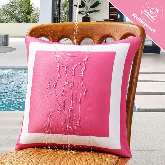 JOJOGOGO 18x18 Hot Pink Outdoor Throw Pillow Covers Waterproof & Sunproof Set of 2, White and Pink Outdoor Decorative Throw Pillows for Patio Furniture and Porch Decor(Without Inserts)
