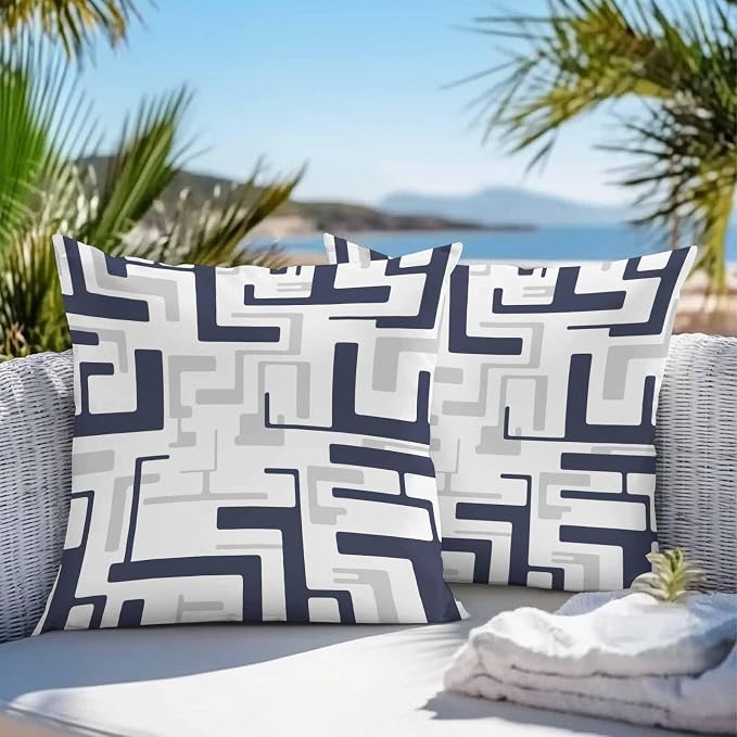 Vandarllin Outdoor Throw Pillows Covers 18x18 inch Set of 2 Waterproof Navy Blue Geometric Stripes Decorative Zippered Cushion Covers for Patio Furniture, Modern Abstract Lines Lumbar Pillowcases