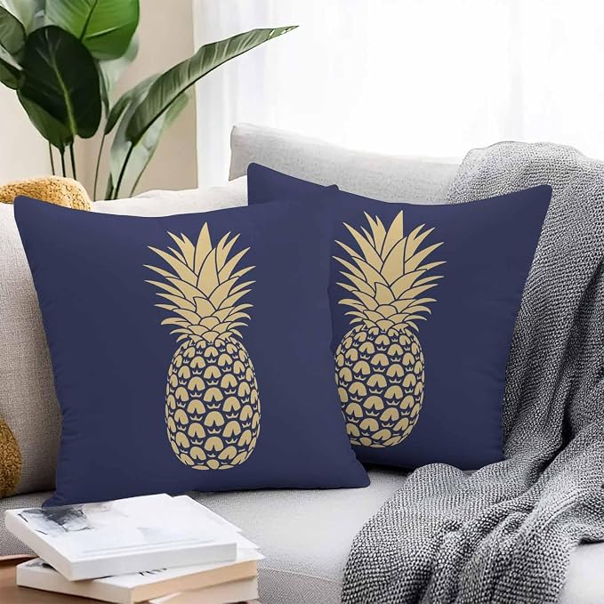 Yellow Pineapple Outdoor Waterproof Pillow Covers, Summer Fruits Navy Blue Decorative Square Throw Pillowcase Sofa Cushion Sham for Patio/Couch/Chair, 20"x20" 2 Pack