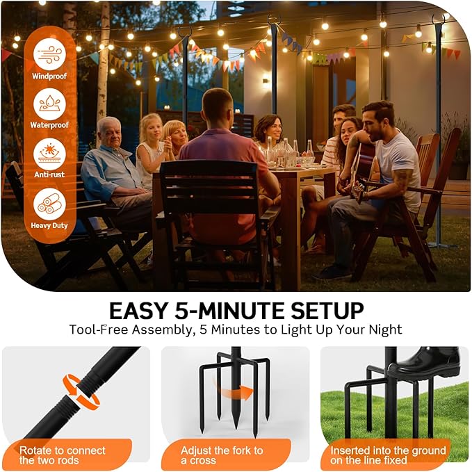 String Light Poles for Outside, 10ft Outdoor Poles for String Lights, Heavy Duty Stepped-in 5-Prong Base Light Pole for Backyard, Patio, Garden, Wedding & Party Decor (4 Pack)