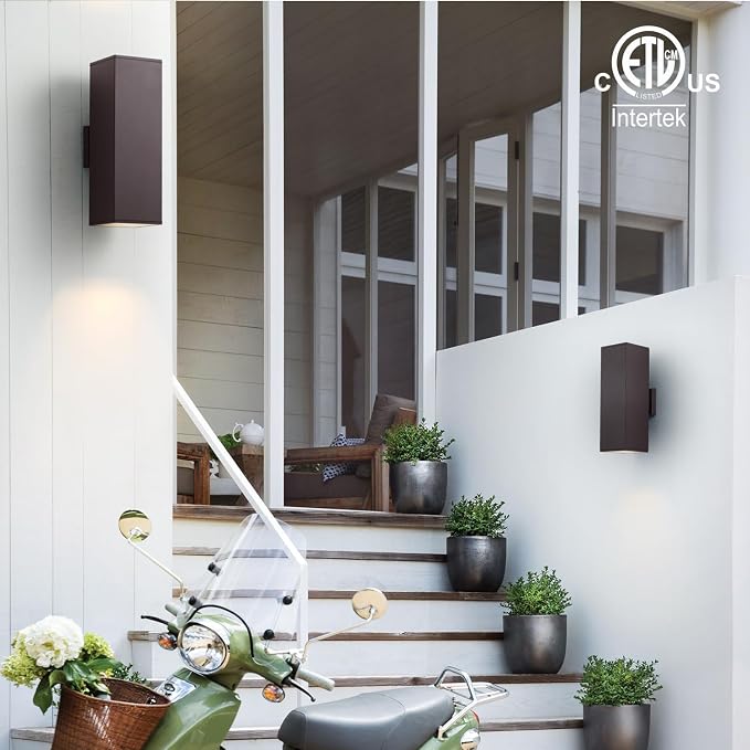mirrea 18" Modern Outdoor Porch Light, 2 Lights, Oil Rubbed Bronze, 2 Pack | Patio wall sconce, aluminum rectangular tube, tempered glass, waterproof. Up & down lighting for outdoor wall mount fixture.