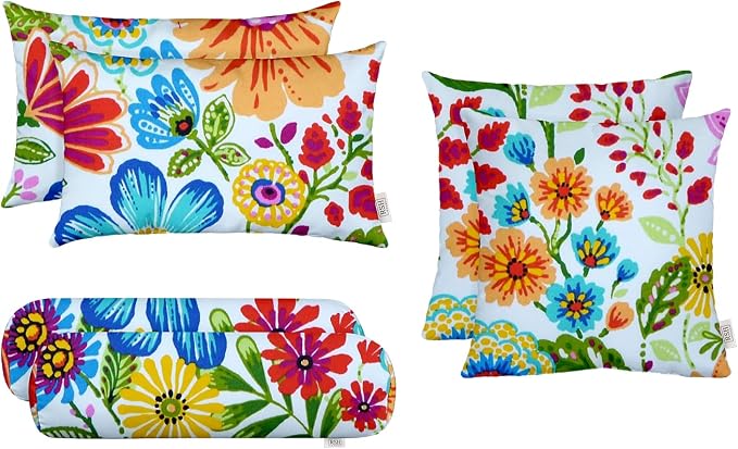 RSH DECOR Set of 6 Outdoor Pillow, Outdoor Pillows for Patio, Pillows w/Polyester Pillow Cases | Water & Fade Resistant Fabric | 17" Square, 20x12 Lumbar, 20x6 Neck Roll - Gregoire Fresco