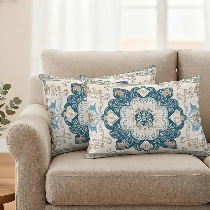 Boho Flowers Waterproof Outdoor Pillow Covers Set of 2 Home Decor, Country Neutral Chic Abstract Floral Art Pillowcase Patio Pillow Covers for Couch Bench Furniture Garden 20x12in