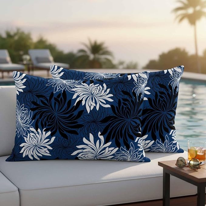 Yukro Blue Black Floral Outdoor Waterproof Pillow Covers Pack of 2, Vintage Blue White Black Flower Decorative Throw Pillowcases Cushion Covers for Garden Patio Tent Sofa Couch, 20x12 inch