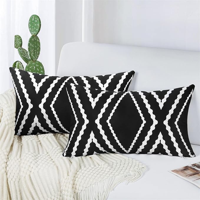 Adabana Outdoor Waterproof Pillow Covers 12x20 Black | Geometric Decorative Throw Pillow Covers Set of 2 for Patio, Garden, Porch, Farmhouse
