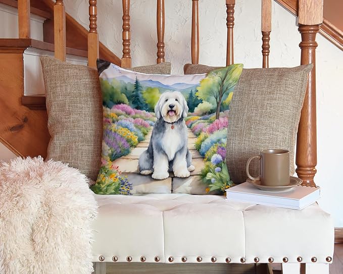 Caroline's Treasures Old English Sheepdog Spring Path Throw Pillow Machine Washable, Indoor Outdoor Decorative Pillow for Couch, Bed or Patio, 14Hx14W