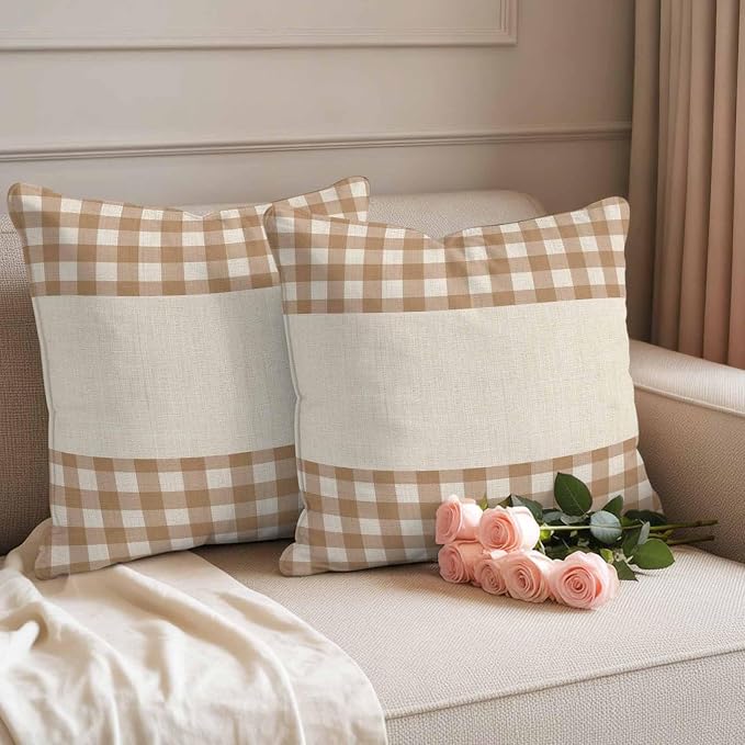 Retro Brown Outdoor Waterproof Pillow Covers, Farmhouse Buffalo Plaid Vintage Beige Decorative Square Throw Pillowcase Sofa Cushion Sham for Patio/Couch/Chair, 24"x24" 2 Pack