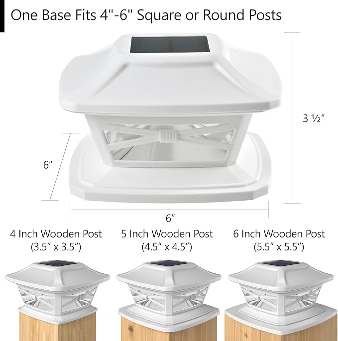 Davinci Flexfit Solar Outdoor Post Cap Lights, 4x4 5x5 6x6, Bright LED, 4PK | Pearl White, Wooden Posts, fence/deck/garden/patio, UV fade-protected plastic, auto-on, 7-8h, cordless, IP44, 25lm warm white
