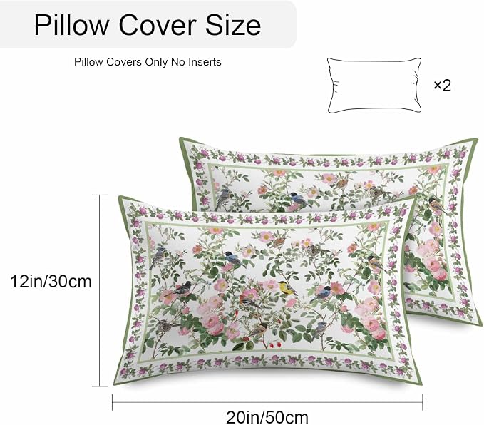 Vandarllin Outdoor Throw Pillows Covers 20x12 inch Set of 2 Waterproof Pink Floral Bird Decorative Zippered Cushion Covers for Patio Furniture, Green Leaves Branches Lumbar Pillowcases