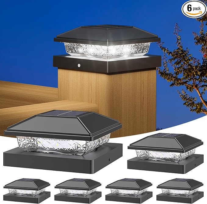 Solar Post Cap Lights,4x4 Post Solar Lights Cool White,Black 6 Pack | Fence Post Solar Lights for 4x4 Post Caps Wood Vinyl, IP64 Waterproof Solar Post Lights Outdoor, Solar Deck Post Lights