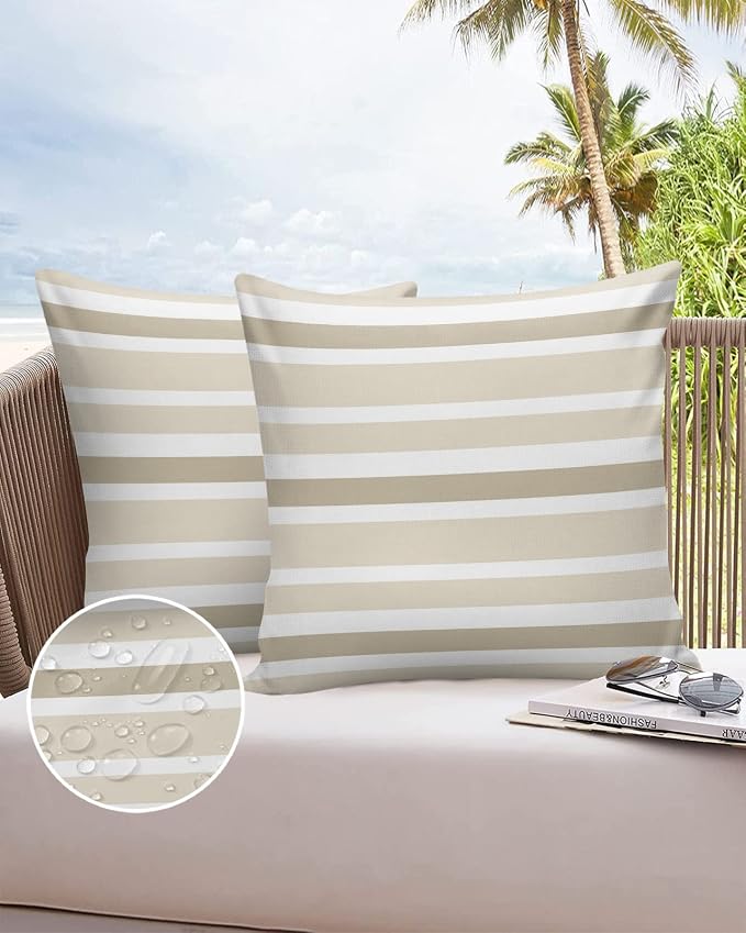 Outdoor Waterproof Throw Pillow Covers Set of 2 Khaki Beige Stripes Decorative Outdoor Pillows Cushion Case 24x24 Inch Classic Striped Patio Pillows for Couch Sofa Bed Garden Office Home Decor