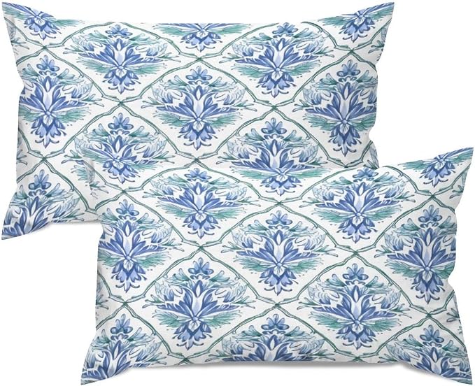 Zipped Pillow Cases for Home Decor Blue and Green Floral Pattern Throw Pillow Cover Set of 2 Farmhouse Cushion Cover Cases for Living Room Club Home Decor 12x20in