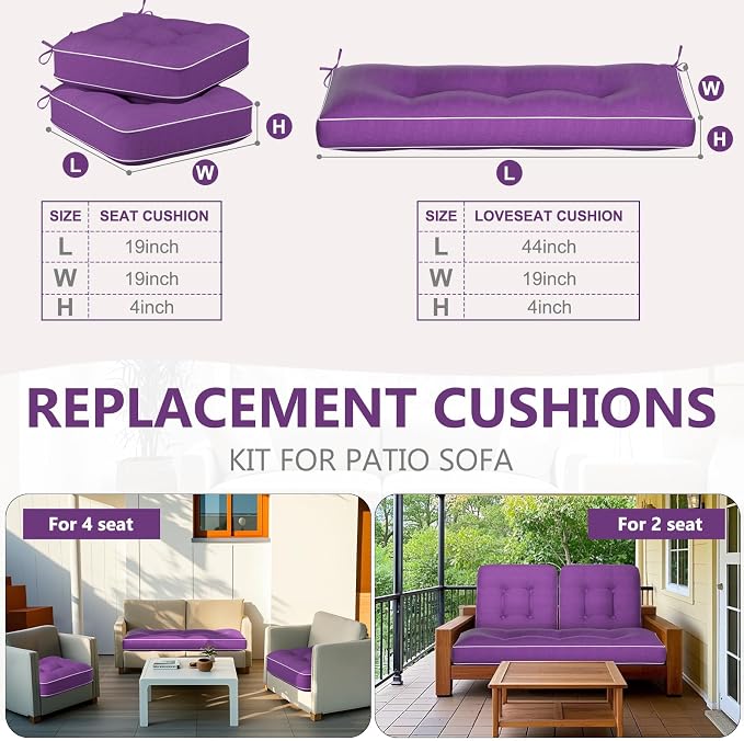 Wenqik 44 x 19 x 4 Inch Outdoor Bench Cushion Set of 3 Waterproof Tufted 1 Patio Loveseat Cushions and 2 Square Chair Seat Pad for Outdoor Furniture Couch Swing Sofa Wicker Settee(Purple)