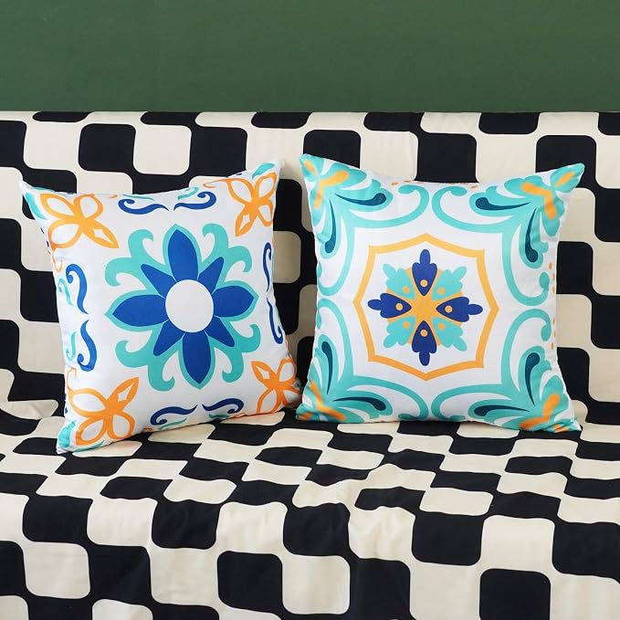 ONWAY Outdoor Boho Pillow Covers Waterproof 16x16 Set of 4 Floral Farmhouse Decorative Outdoor Throw Pillows for Bench Couch Patio Furniture Decorations