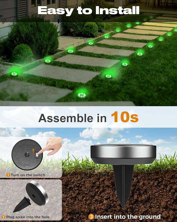 btfarm 16 Pack Solar Lights Outdoor, 8 LED Solar Ground Lights IP65 Waterproof Flat Solar Disc Light, Pathway Lights for Garden Lawn Patio Yard Path Landscape, Green