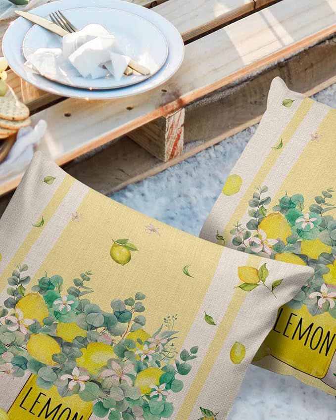 Eucalyptus Leaves Outdoor Pillow Covers Pack of 2, Yellow Stripes Vase Lemon Waterproof Pillow Covers Seasonal Spring Summer Throw Pillowcase for Patio Funiture Garden Tent, 24 x 24 inch