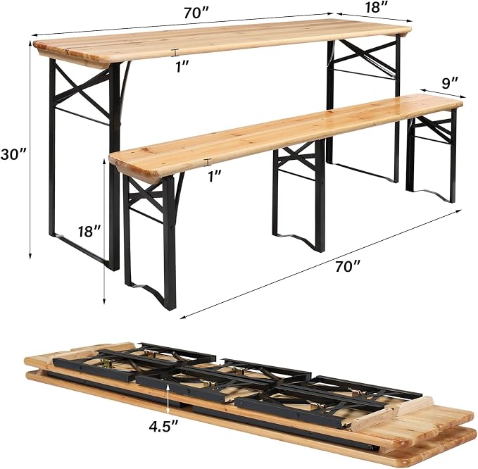 VINGLI 70 Inch Folding Picnic Tables with Benches Set, Weather-Resistant Wooden Beer Garden Table Bench, 3-Piece Portable Fold Up Camping BBQ Table w/Carrying Handles,Natural Wood Color