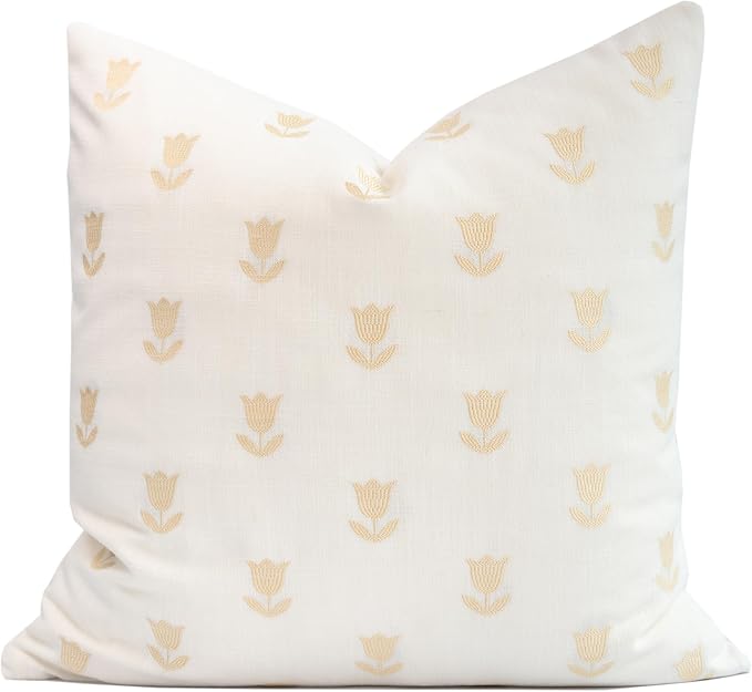 Modern Farmhouse Fall Linen Indoor Outdoor Throw Pillow Cover Only, 20"x20" Water Repellent for Patio, Backyard, Couch, Neutral Ivory Cream Floral