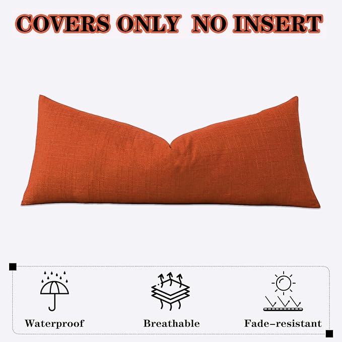 Kevin Textile Outdoor Waterproof 14”x36” Pillow Cover 1 Pack, Dark Orange | Water Resistant, Soft Faux Linen-cotton Yarn-dyed Woven Texture Throw Pillow Covers for Tent Patio Garden Couch Sofa