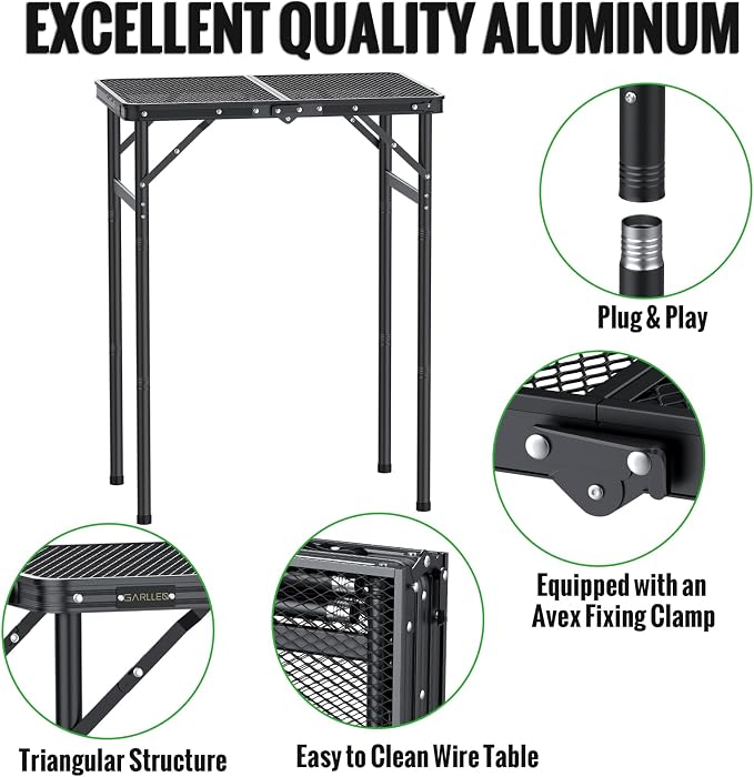 GARLLEN Folding Grill Table, 3 Adjustable Height Lightweight Camping Table with Heat-Resistant Tabletop, Portable Aluminum Outdoor Table for BBQ, Picnic, 23.6" L x 15.7" W, Threaded Install, Black