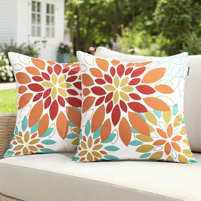 Floral Outdoor Pillow Covers Orange Yellow 18x18 Set of 2 | Waterproof Throw Pillow Cases Spring Decorative Summer Cushion Covers for Patio Furniture Garden Bench Porch Sofa
