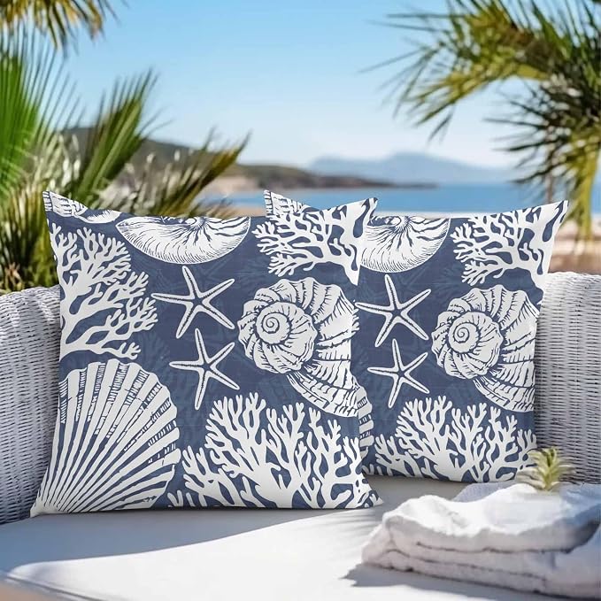Outdoor Pillow Covers 16x16 Inch Set of 2, Navy Blue Starfish Coastal Waterproof Throw Pillow Covers, Summer Coral Shell Beach Nautical Decorative Cushion Pillowcases for Couch Sofa Bed Garden Patio