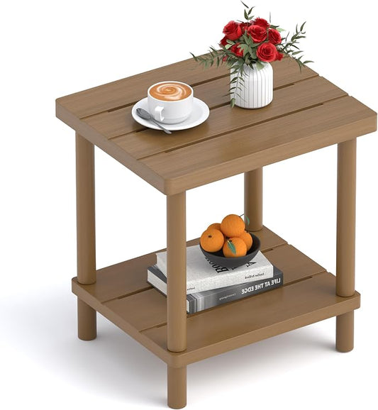 LEJANEOYE Outdoor Side Table, 2-Tier Small Outdoor Table for Patio, Adirondack Side Tables for Outside or Indoor, Bamboo End Table for Pool, Porch, Weather Resistant Easy Maintenance,Brown