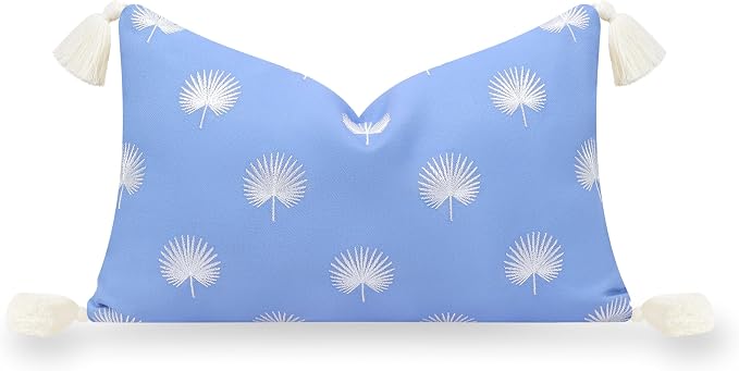 Hofdeco Premium Coastal Patio Indoor Outdoor Lumbar Pillow Cover Only, 12"x20" Water Repellent for Backyard, Couch, Cornflower Blue Embroidered Palm Leaf Tassel