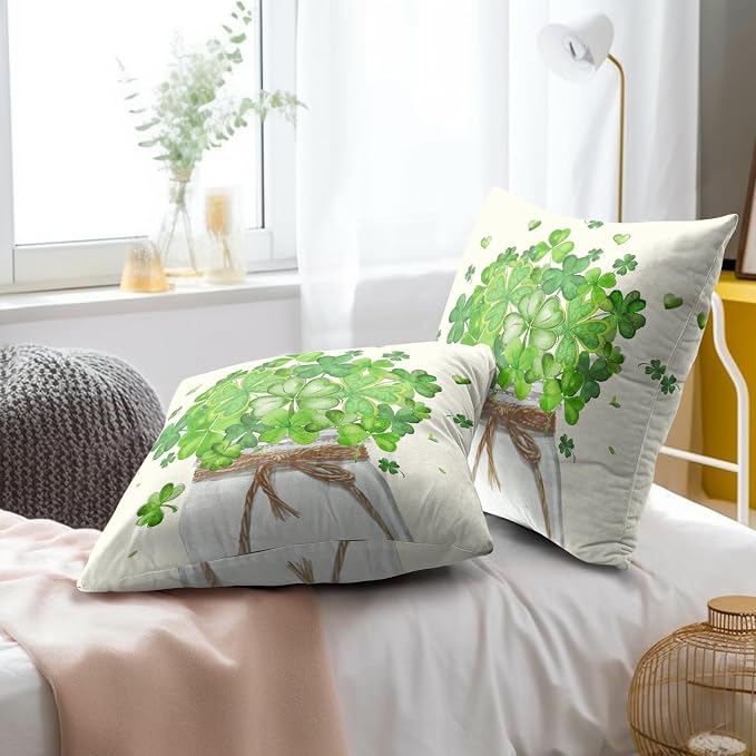 St. Patrick's Day Pillow Covers 22x22 Inch, 2 Pcs Green Shamrock Leaves Jar Holiday Farmhouse Throw Pillowcases Square Cushion Cover for Couch Bed Sofa Patio Porch Furniture Decor